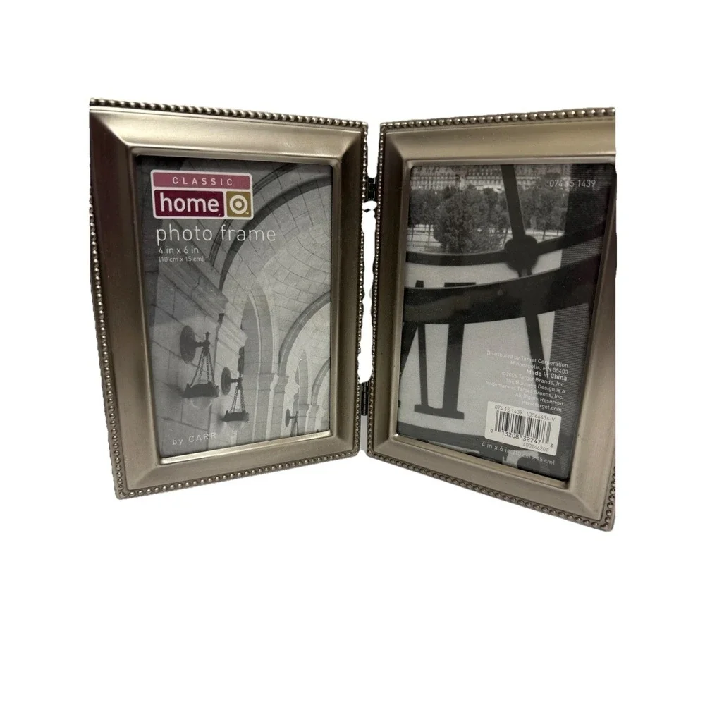 Classic‎ Home by Carr Champagne Silver Beaded 4x6 Double Hinged Picture Frame